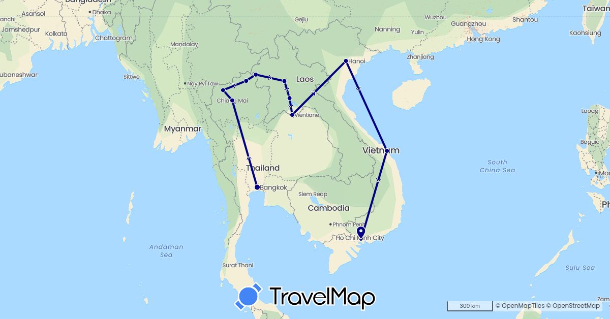 TravelMap itinerary: driving in Laos, Thailand, Vietnam (Asia)